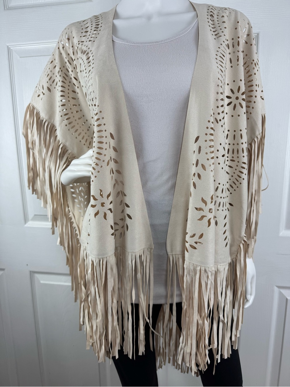 Fringed Laser-Cut Open Front Kimono in Cream